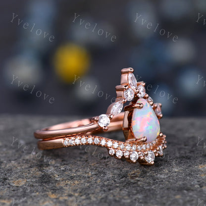 Pear Cut Rose Gold White Opal Engagement Ring Set Wedding Ring Set Marquise stacking wedding band Unique Vintage Bridal Set Anniversary Gift