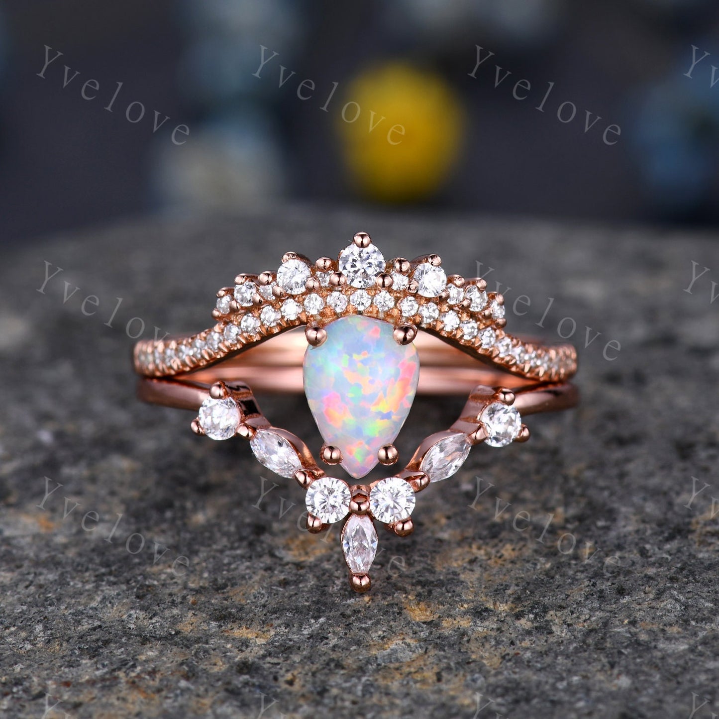 Pear Cut Rose Gold White Opal Engagement Ring Set Wedding Ring Set Marquise stacking wedding band Unique Vintage Bridal Set Anniversary Gift