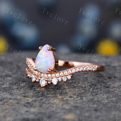 Pear Cut Rose Gold White Opal Engagement Ring Set Wedding Ring Set Marquise stacking wedding band Unique Vintage Bridal Set Anniversary Gift