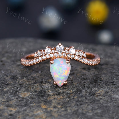 5x7mm Pear Cut White Opal Engagement Ring Fire Opal Ring Wedding Ring  Vintage Opal Ring Bridal Ring Anniversary Ring Women Gift for her