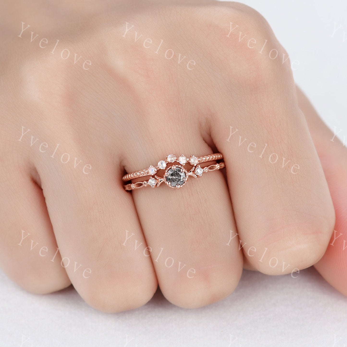 Dainty Salt and Pepper Diamond Engagement Ring Set,Rose Gold  Bridal Set, Moonstone Stacking Ring, Wedding Ring,Women Anniversary Ring