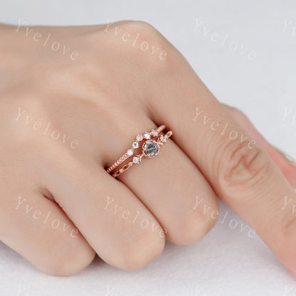 Dainty Salt and Pepper Diamond Engagement Ring Set,Rose Gold  Bridal Set, Moonstone Stacking Ring, Wedding Ring,Women Anniversary Ring