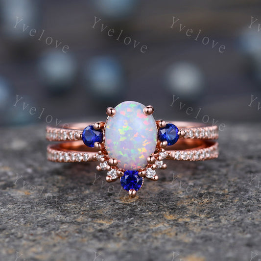 Oval Cut Opal Engagement Ring Set Rose Gold Diamond Blue Sapphire Matching Band Stacking Bridal Wedding Ring Set Birthstone Promise Jewelry