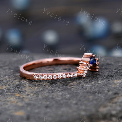 2.5mm Blue Sapphire Diamond Engagement Matching Band Stacking  ring Curved shape Half Eternity diamond Danity wedding band Bridal Ring Set