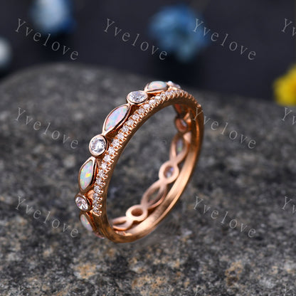 Full eternity Opal diamond wedding ring set 14k rose gold half eternity diamond wedding band  October Birthstone stacking matching band