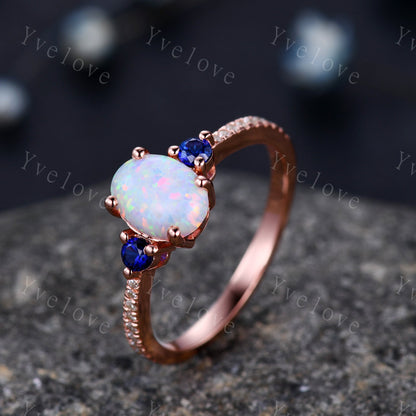 Vintage Oval Opal Engagement Ring Diamond Blue Sapphire Matching Band Stacking Bridal Ring Set Moissanite Enchancer Band Anniversary Gift