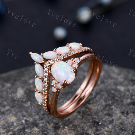 Opal Rings for Women, Rose Gold Opal Engagement Ring, Opal Wedding Ring Set, Multi-Gemstone Ring, Promise Ring, Statement Ring