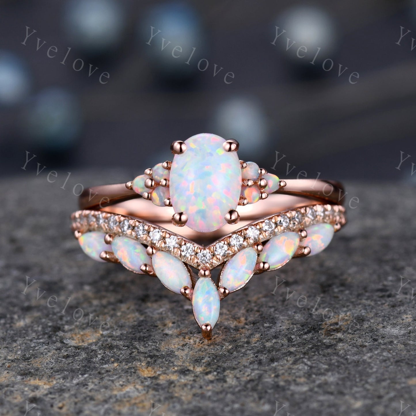 Opal Rings for Women, Rose Gold Opal Engagement Ring, Opal Wedding Ring Set, Multi-Gemstone Ring, Promise Ring, Statement Ring