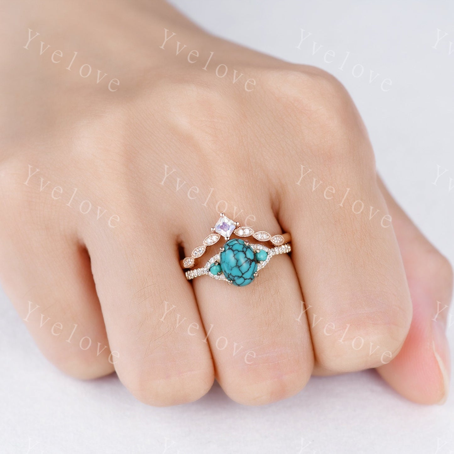 Turquoise Ring Set 14k Rose Gold Turquoise Engagement Ring Set Moonstone Stacking Band December Birthstone  Diamond Wedding Band Women Gift