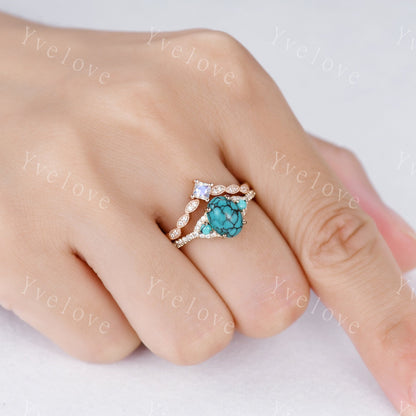 Turquoise Ring Set 14k Rose Gold Turquoise Engagement Ring Set Moonstone Stacking Band December Birthstone  Diamond Wedding Band Women Gift