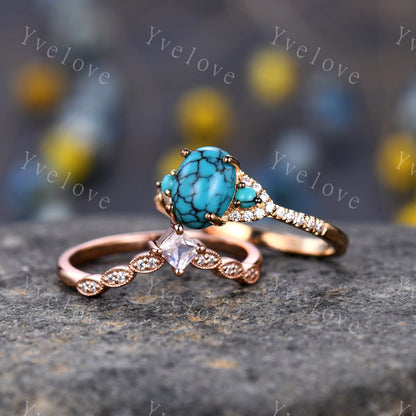 Turquoise Ring Set 14k Rose Gold Turquoise Engagement Ring Set Moonstone Stacking Band December Birthstone  Diamond Wedding Band Women Gift