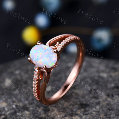 1.5ct Natural Opal Ring 14K  Rose Gold Moissanite Engagement Ring Oval Cut Engagement Ring Unique Band Ring Promise Gift October Birthstone