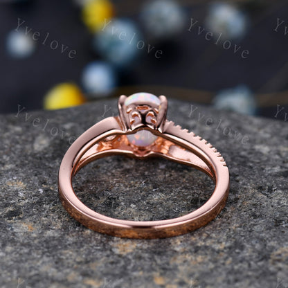 1.5ct Natural Opal Ring 14K  Rose Gold Moissanite Engagement Ring Oval Cut Engagement Ring Unique Band Ring Promise Gift October Birthstone