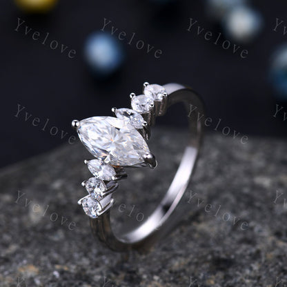 1.5ct Marquise cut Moissanite Bridal Ring, 14K White Gold Ring, Moissanite Engagement Ring, Unique Wedding Ring, Platinum Ring gift for her