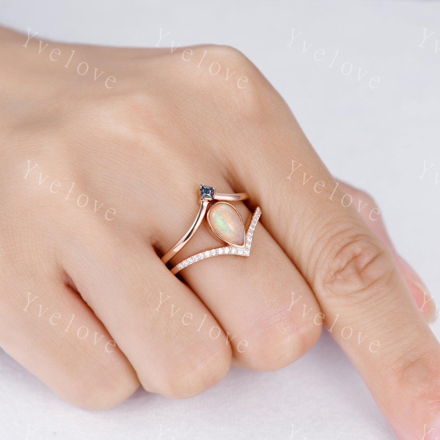 Natural Opal Ring, Opal Wedding Ring Set, 2mm Alexandrite band, Rose Gold Opal Engagement Ring, Plain Band, October Birthstone Gift Jewelry