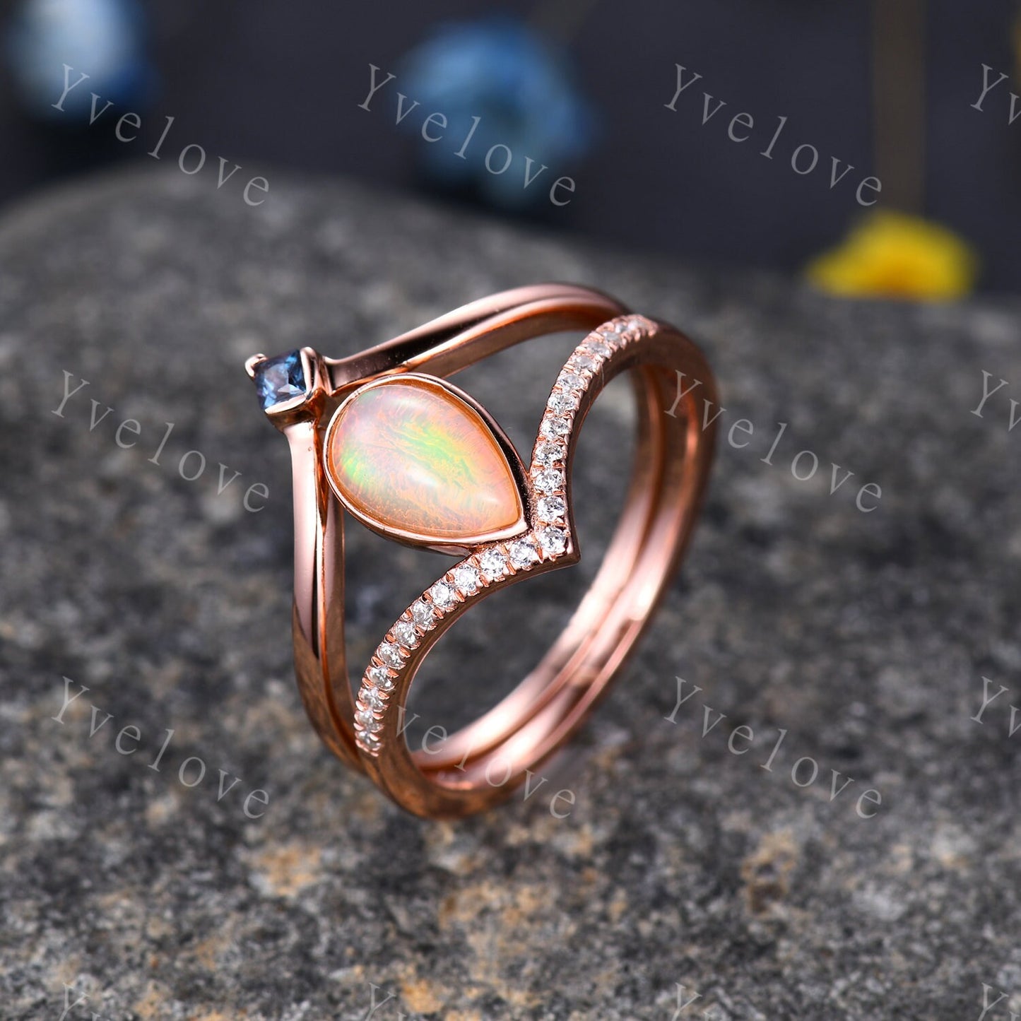 Natural Opal Ring, Opal Wedding Ring Set, 2mm Alexandrite band, Rose Gold Opal Engagement Ring, Plain Band, October Birthstone Gift Jewelry