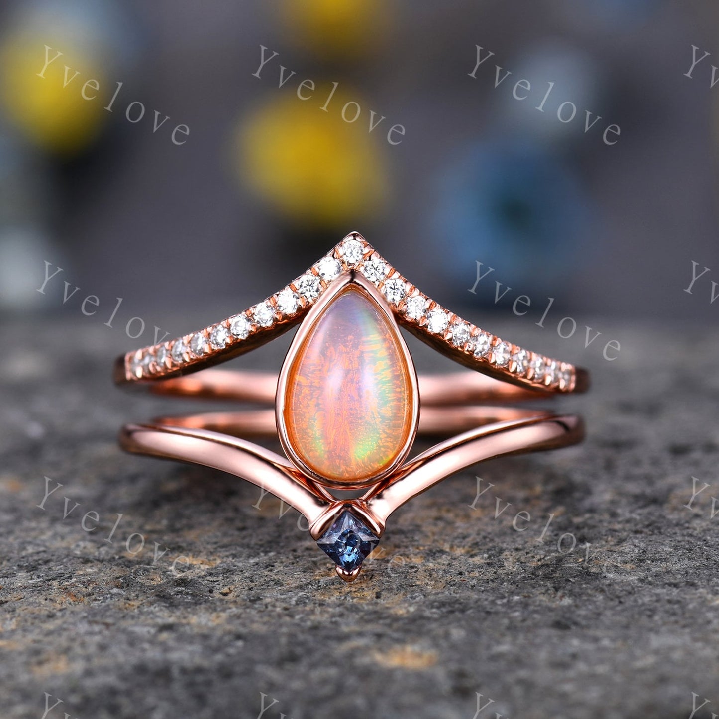 Natural Opal Ring, Opal Wedding Ring Set, 2mm Alexandrite band, Rose Gold Opal Engagement Ring, Plain Band, October Birthstone Gift Jewelry