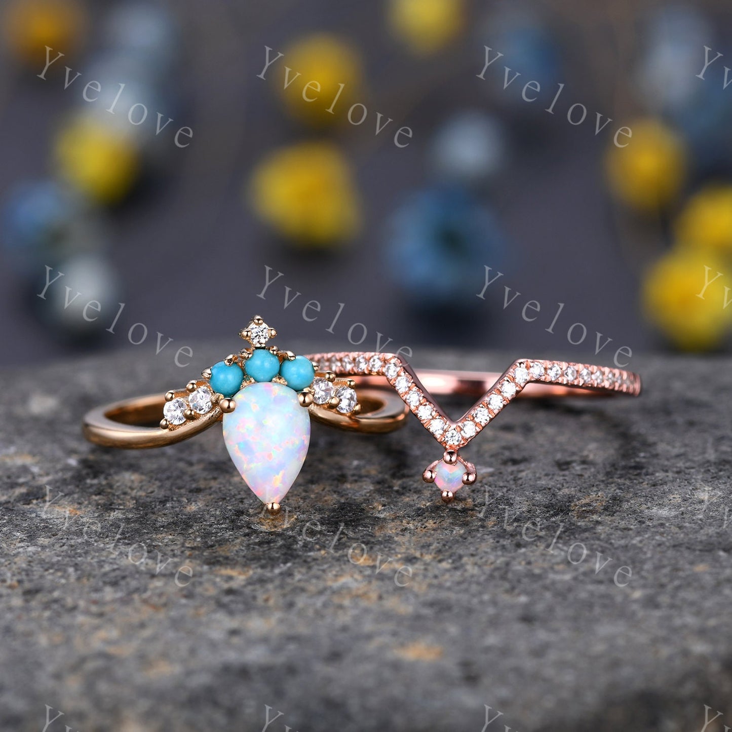 Pear Shaped Opal Ring Set,14K Yellow Gold,White  Opal Turquoise Wedding Ring,Bridal Ring Set,V Shaped Curved Stackable Matching Band Gift