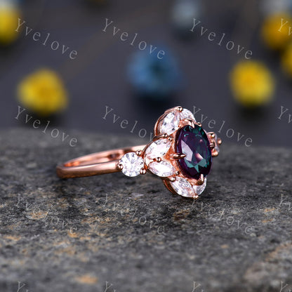 Retro Oval Cut Alexandrite Engagement Ring 10K 14K 18K Rose Gold Women Marquise Moissanite Ring Halo Ring Wedding Ring Bridal Ring Marry Her