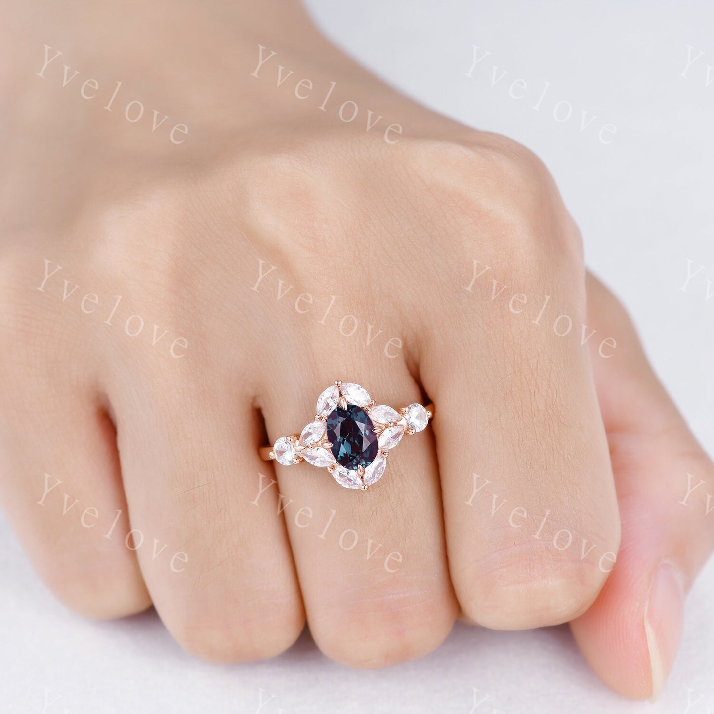 Retro Oval Cut Alexandrite Engagement Ring 10K 14K 18K Rose Gold Women Marquise Moissanite Ring Halo Ring Wedding Ring Bridal Ring Marry Her