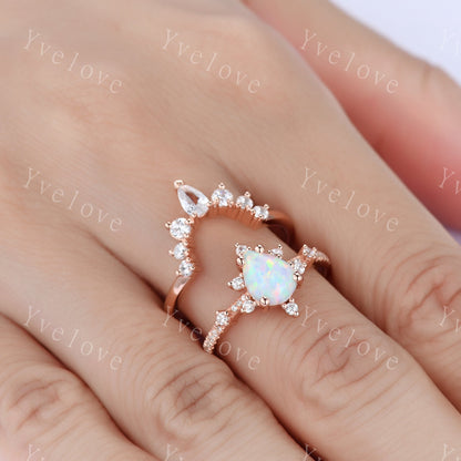 Pear Opal Engagement Ring Set White Fire Opal Bridal Set Moissanite Half Eternity Band 14K Rose Gold  Opal Annivesary  Ring gift for women