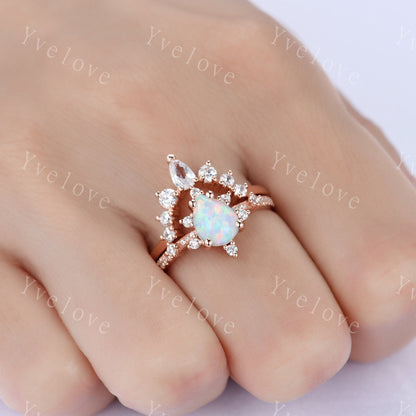 Pear Opal Engagement Ring Set White Fire Opal Bridal Set Moissanite Half Eternity Band 14K Rose Gold  Opal Annivesary  Ring gift for women