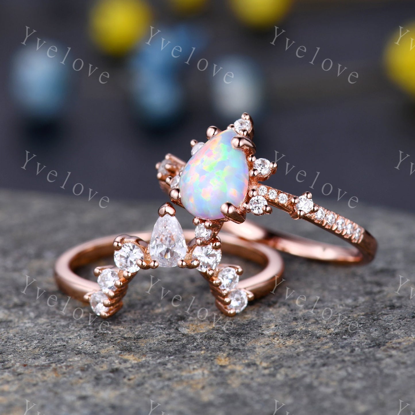 Pear Opal Engagement Ring Set White Fire Opal Bridal Set Moissanite Half Eternity Band 14K Rose Gold  Opal Annivesary  Ring gift for women