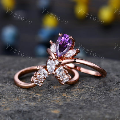 Pear cut amethyst engagement ring set,Purple flora ring,Marquise wedding band,Bridal promise ring set,Promise Gift,February Birthstone