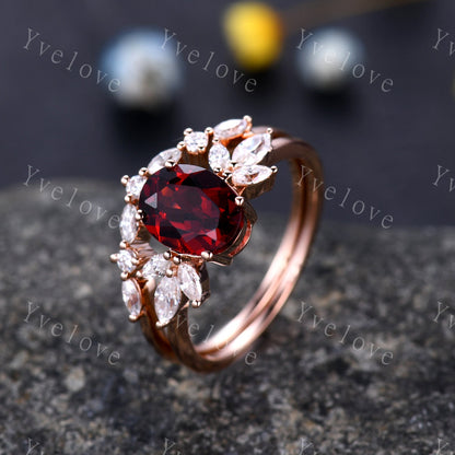 Garnet engagement ring set rose gold art deco ring moissanite stackng matching band women promise ring bridal set anniversary gift