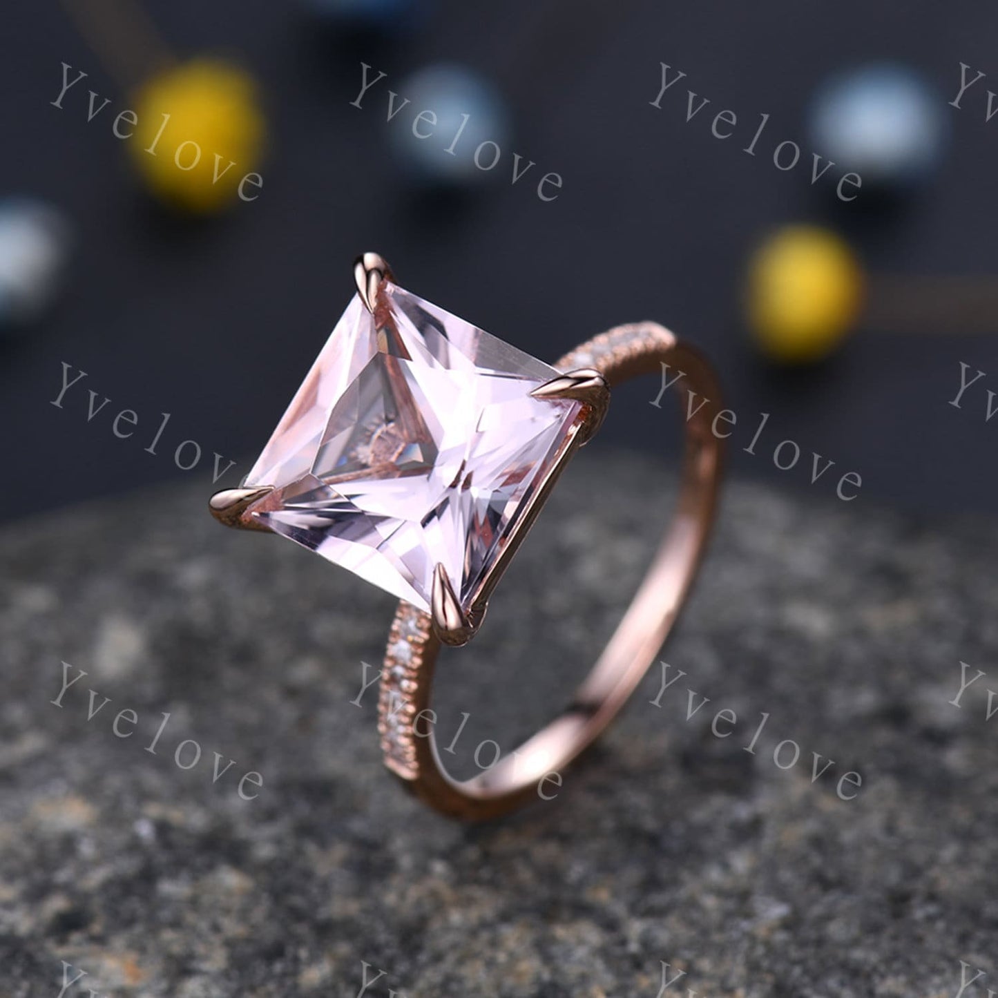 Morganite ring rose gold engagement ring diamond thin band 10mm princess cut big morganite natural vs stone 14k ring anniversary gift