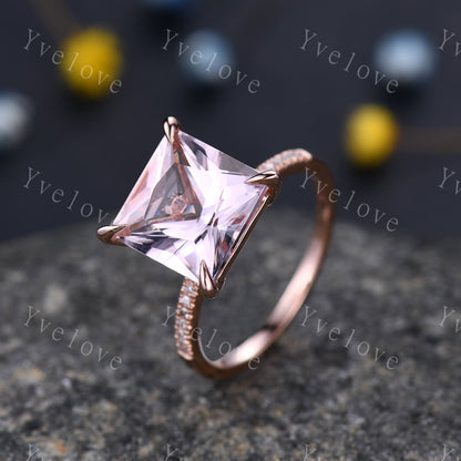 Morganite ring rose gold engagement ring diamond thin band 10mm princess cut big morganite natural vs stone 14k ring anniversary gift