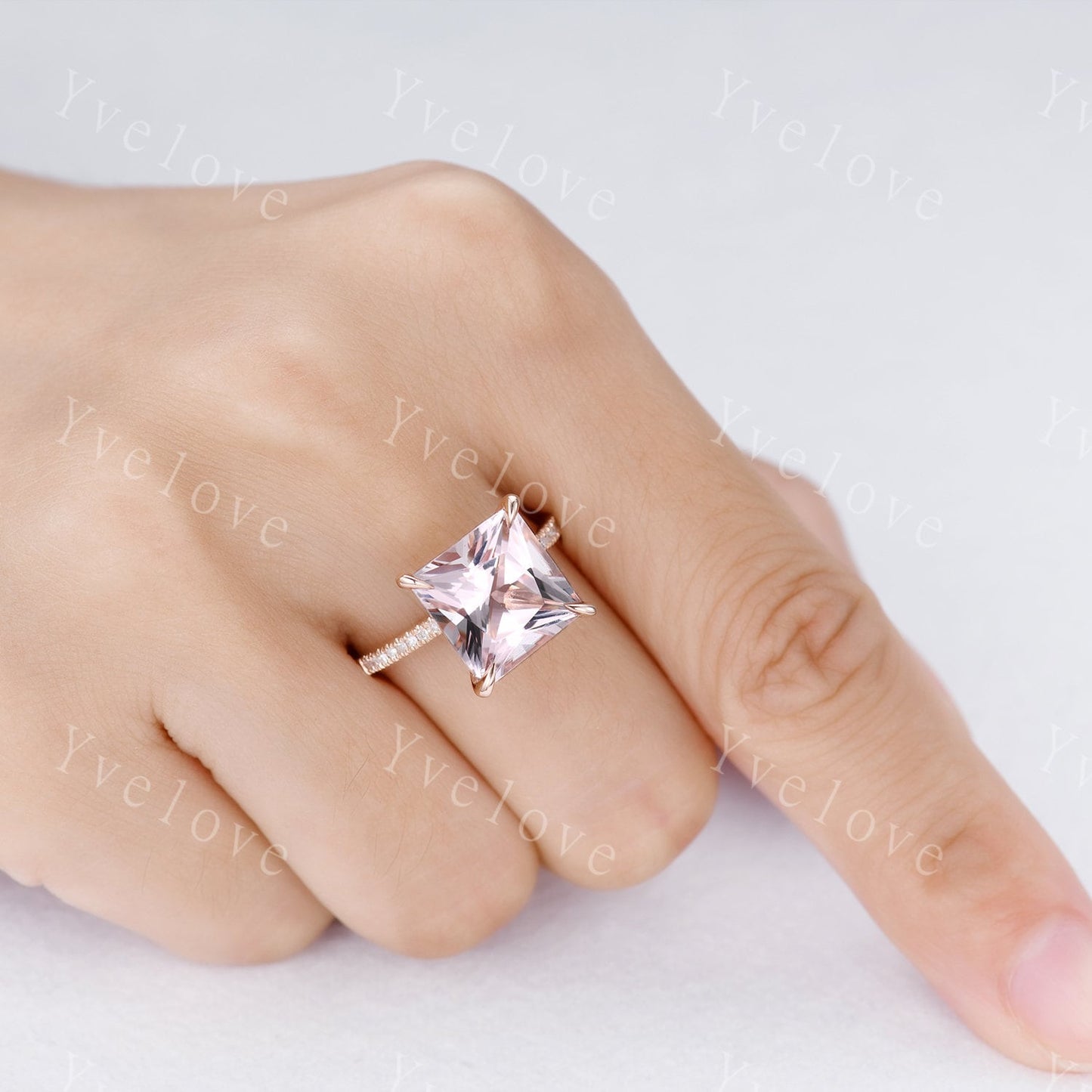 Morganite ring rose gold engagement ring diamond thin band 10mm princess cut big morganite natural vs stone 14k ring anniversary gift