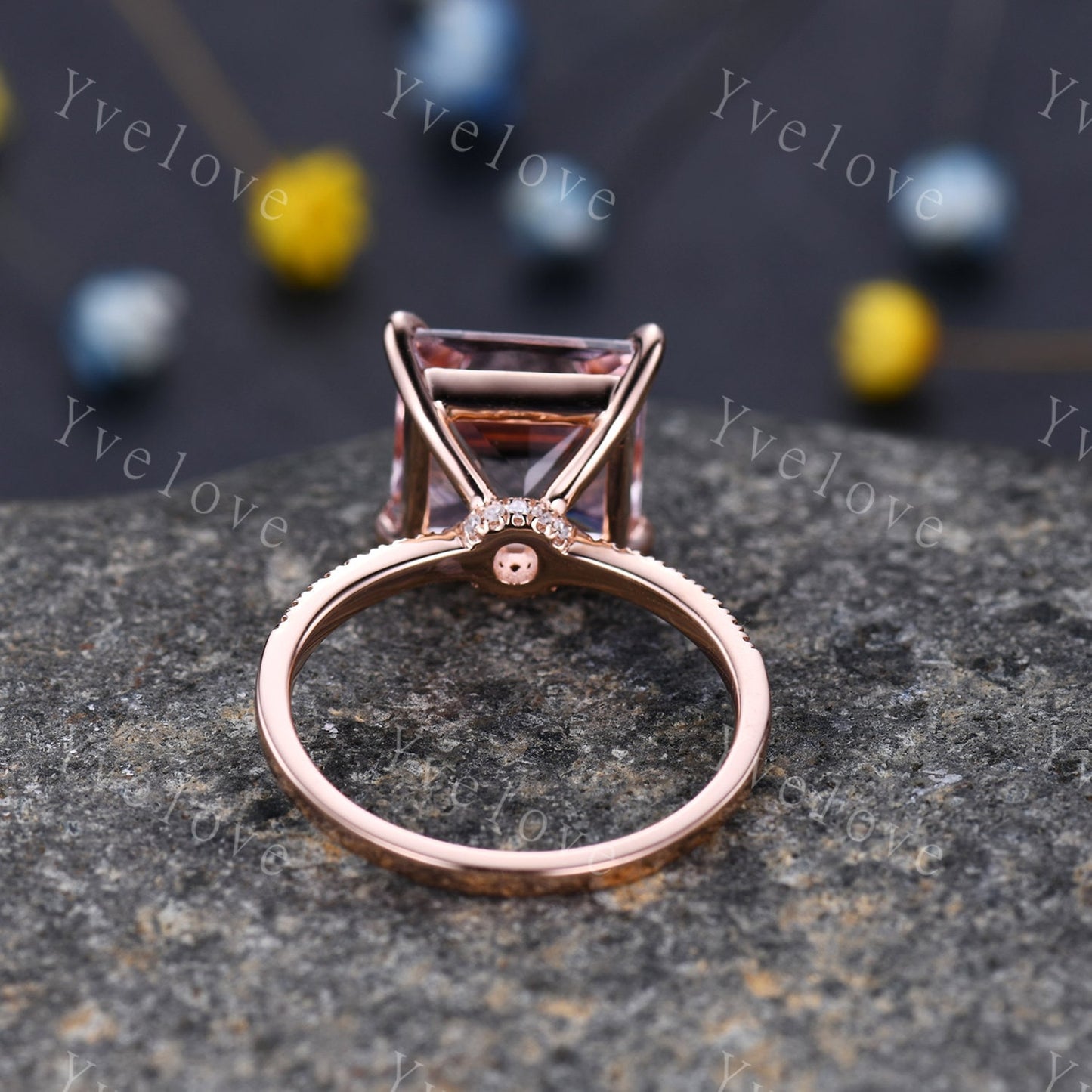 Morganite ring rose gold engagement ring diamond thin band 10mm princess cut big morganite natural vs stone 14k ring anniversary gift