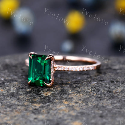 Emerald engagement ring 6x8mm emerald-cut lab created emerald ring real diamond wedding band diamond setting 14k white gold birthstone ring