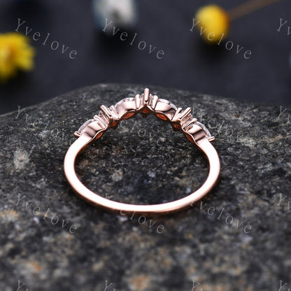 Danity Curved shape stacking band real diamond wedding band 14k rose gold art deco marquise matching band forever classical stone customized