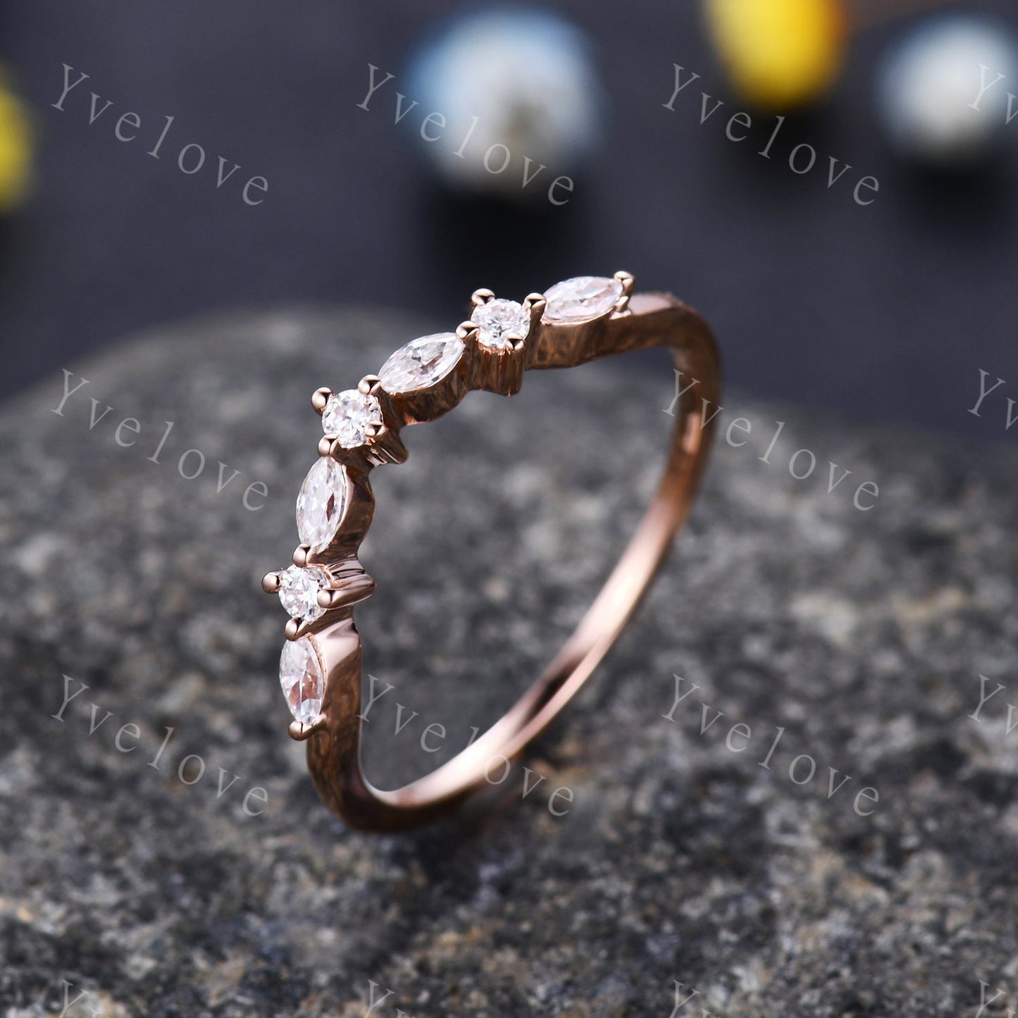 Danity Curved shape stacking band real diamond wedding band 14k rose gold art deco marquise matching band forever classical stone customized