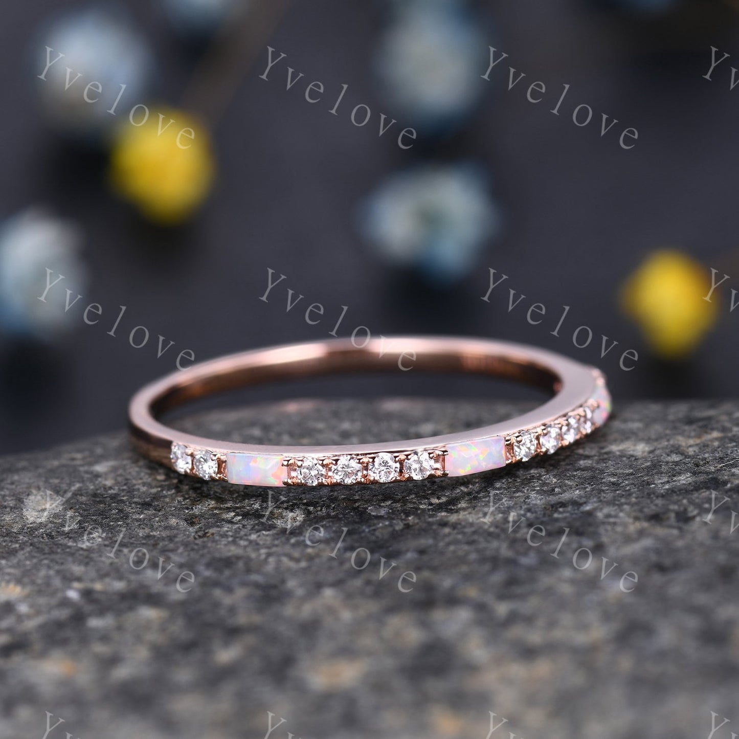 Baguette Shaped White Fire Opal Diamond Wedding Ring 14k Yellow Gold Band 1.5mm Pave Band Half Eternity Band Stacking Ring Anniversary Gift