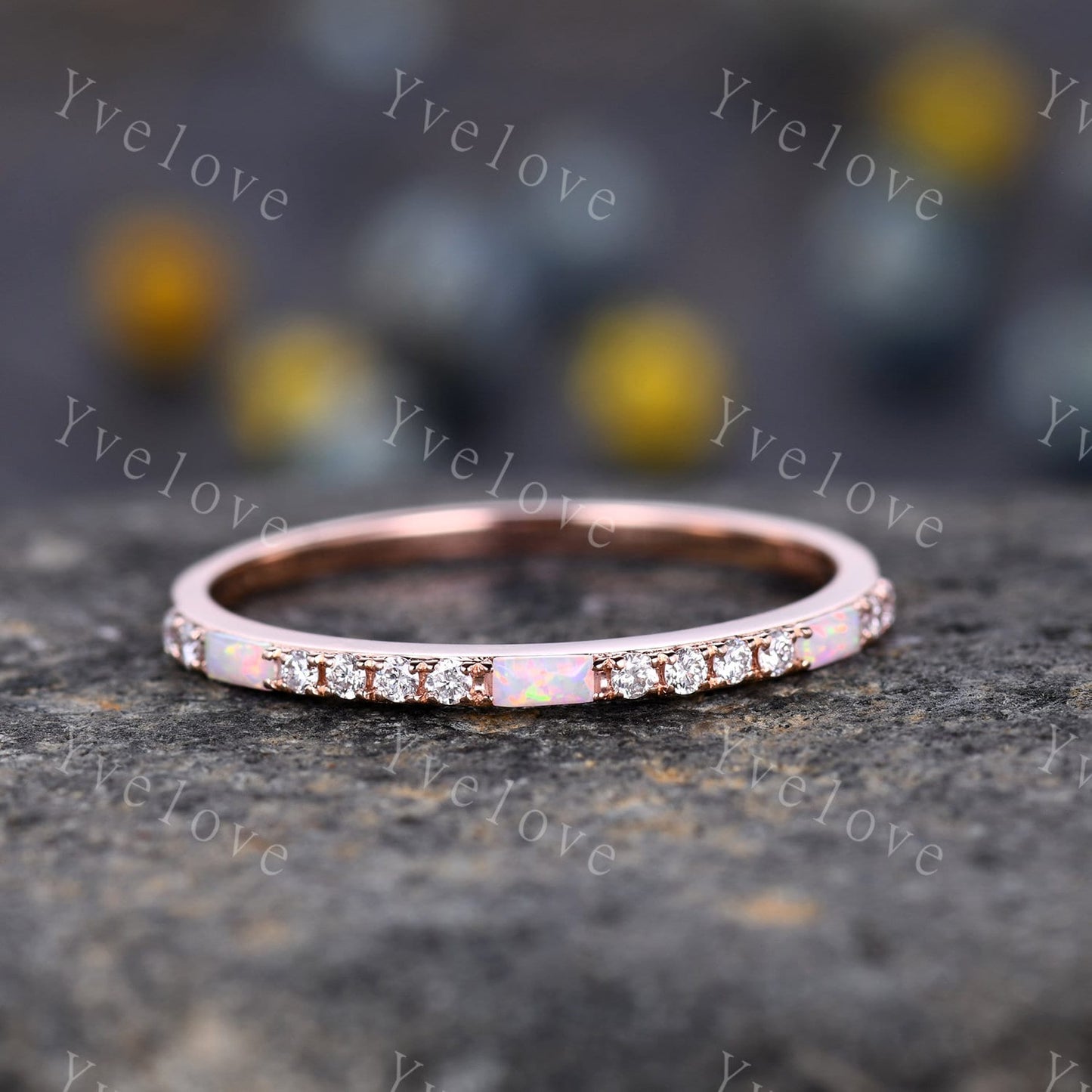 Baguette Shaped White Fire Opal Diamond Wedding Ring 14k Yellow Gold Band 1.5mm Pave Band Half Eternity Band Stacking Ring Anniversary Gift