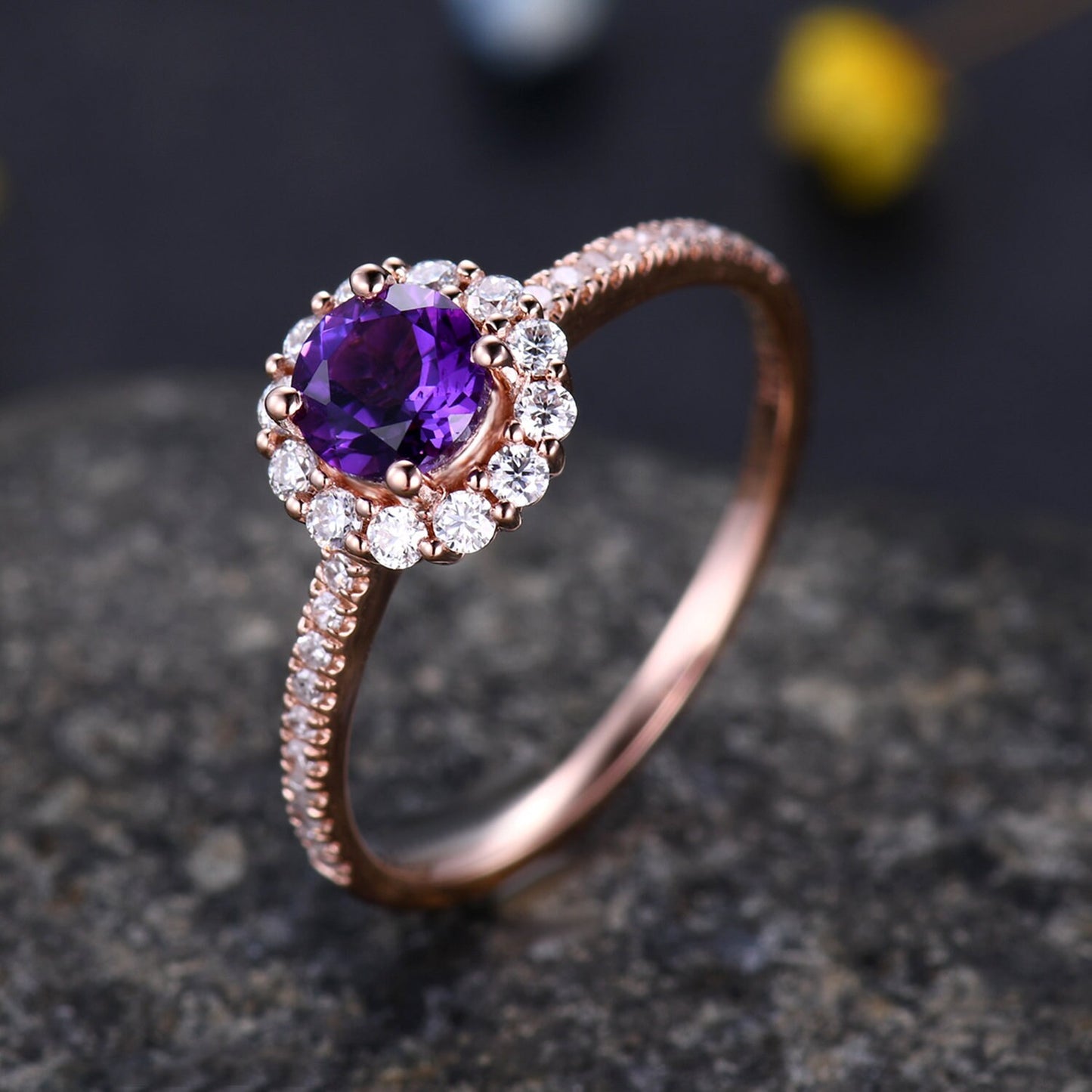 5mm round amethyst engagement ring  14k rose gold floral moissanite halo half eternity diamond band anniversary ring February Birthstone