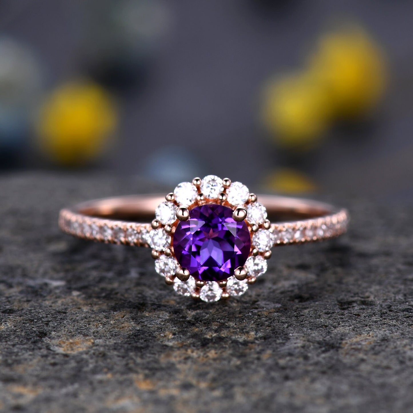 5mm round amethyst engagement ring  14k rose gold floral moissanite halo half eternity diamond band anniversary ring February Birthstone