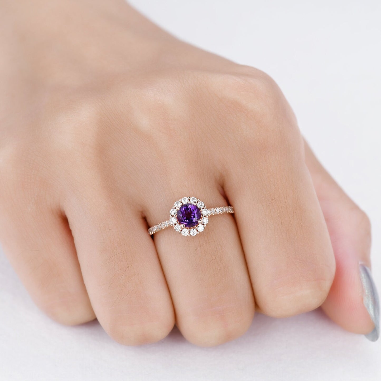 5mm round amethyst engagement ring  14k rose gold floral moissanite halo half eternity diamond band anniversary ring February Birthstone