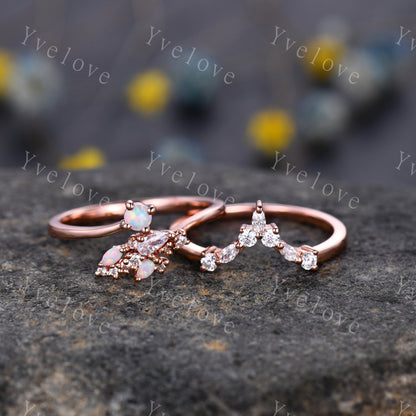 Opal Diamond Wedding Ring Set Rose Gold Unique Floral Band Marquise Cut Opal & Diamond/Moissanite Bridal Promise Jewelry Anniversary For her