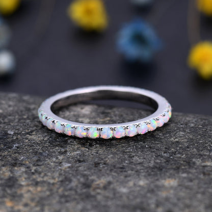 1.5mm Opal Ring,Opal Wedding Band,14K White Gold,Full Eternity Band,Stacking Ring,Matching Band,Promise Ring,Anniversary,Gift for Women