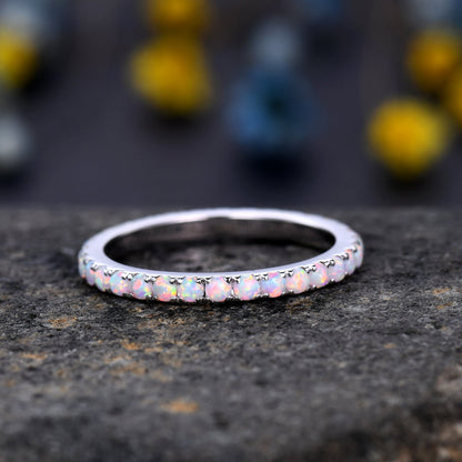 1.5mm Opal Ring,Opal Wedding Band,14K White Gold,Full Eternity Band,Stacking Ring,Matching Band,Promise Ring,Anniversary,Gift for Women