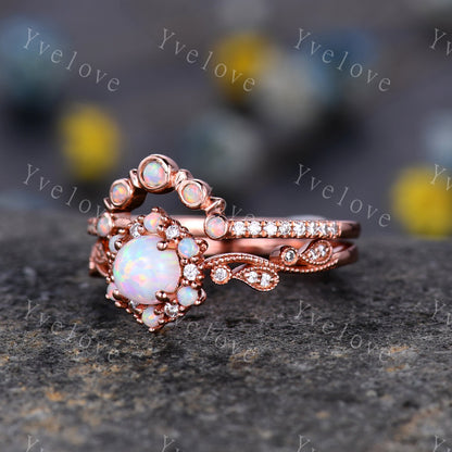 Dainty Opal Engagement Ring Set Rose Gold Diamond Opal Matching Band For Women Stacking Bridal Wedding Ring Set Birthstone Promise Jewelry