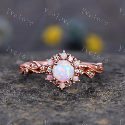 Dainty Opal Engagement Ring Set Rose Gold Diamond Opal Matching Band For Women Stacking Bridal Wedding Ring Set Birthstone Promise Jewelry