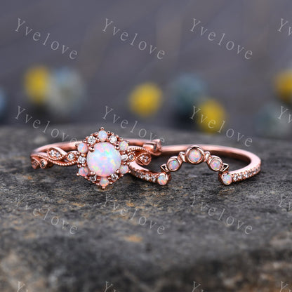 Dainty Opal Engagement Ring Set Rose Gold Diamond Opal Matching Band For Women Stacking Bridal Wedding Ring Set Birthstone Promise Jewelry