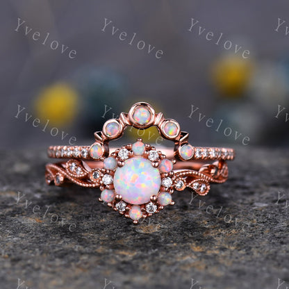 Dainty Opal Engagement Ring Set Rose Gold Diamond Opal Matching Band For Women Stacking Bridal Wedding Ring Set Birthstone Promise Jewelry