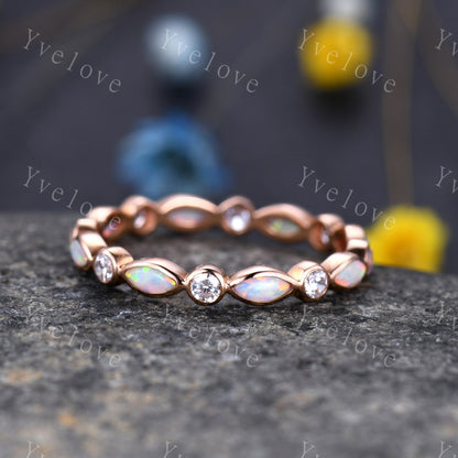 Full eternity white fire Opal wedding ring 14k rose gold diamond wedding band  marquise opal band October Birthstone stacking matching band