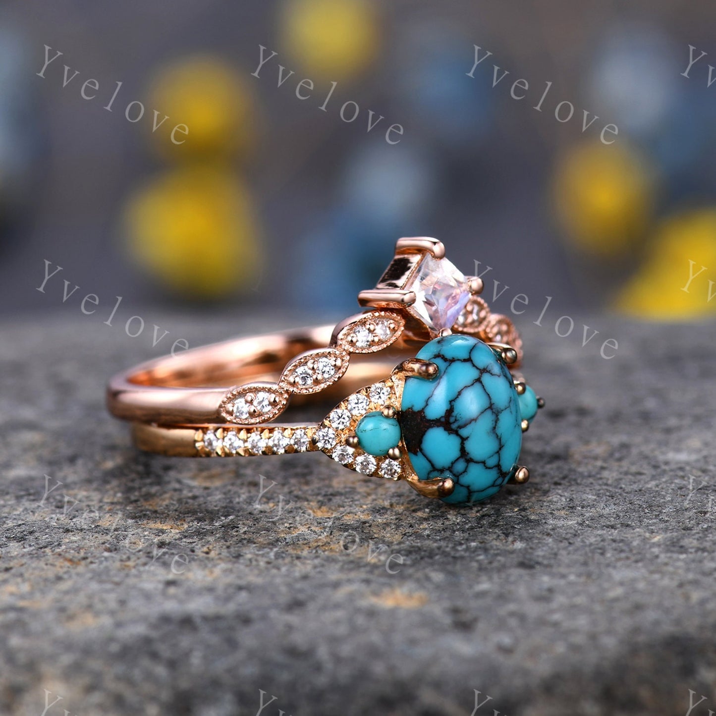 Turquoise Ring Set 14k Rose Gold Turquoise Engagement Ring Set Moonstone Stacking Band December Birthstone  Diamond Wedding Band Women Gift